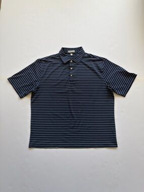 Peter Millar Men's Golf Polo Shirt Striped Blue White Large Logo On Sleeve